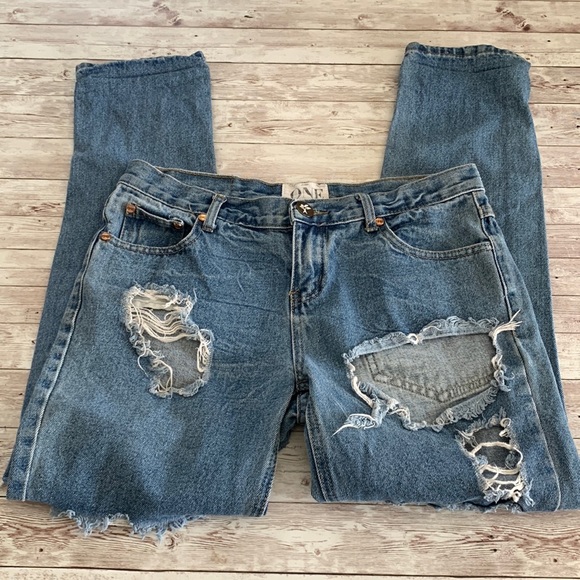 One Teaspoon Awesome Baggies Medium Wash Super Distressed Ripped Straight Jeans - Picture 4 of 14